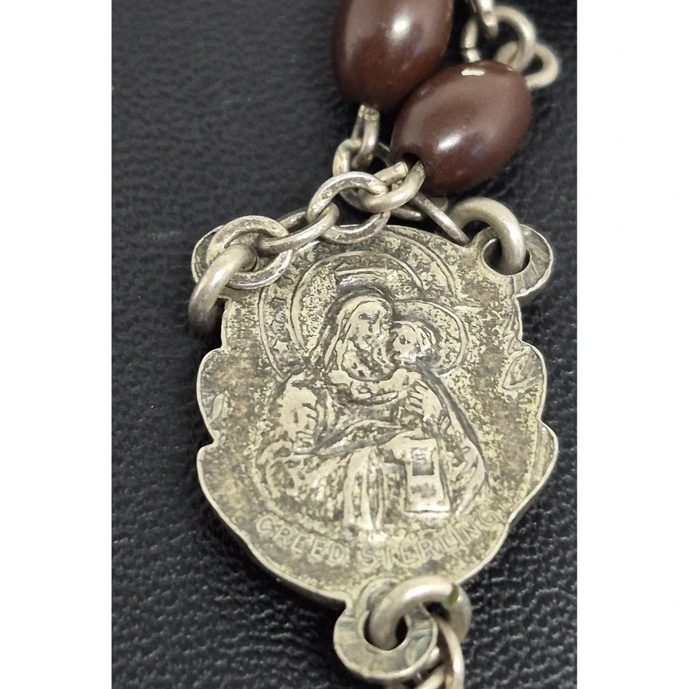 Vintage Creed Rosary Sterling Silver Brown Bead Catholic Crucifix Prayer